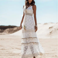 Boho style girl dress white cotton lace sleeveless long summer