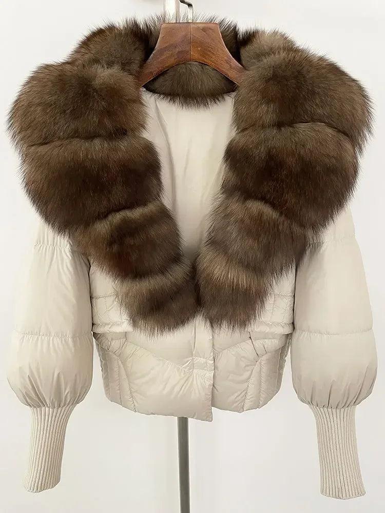 Winter girls jacket with real raccoon fox fur loose fit coat