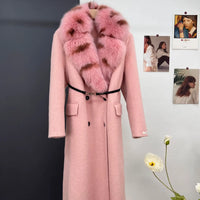 women's luxury wool coat  long patchwork design with detachable fox fur