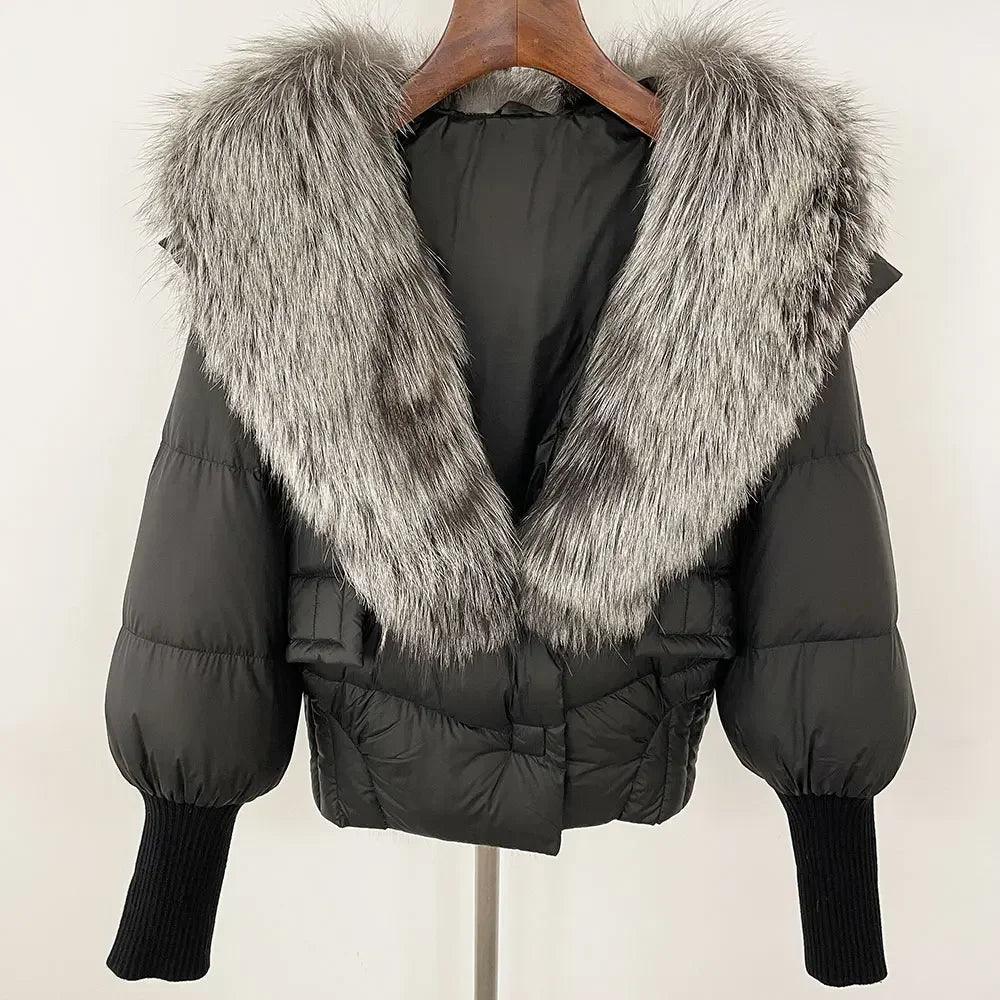 Winter girls jacket with real raccoon fox fur loose fit coat