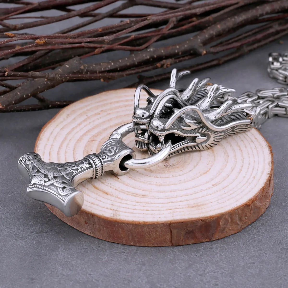 Vintage viking pendant  thor hammer amulet necklace steel dragon design