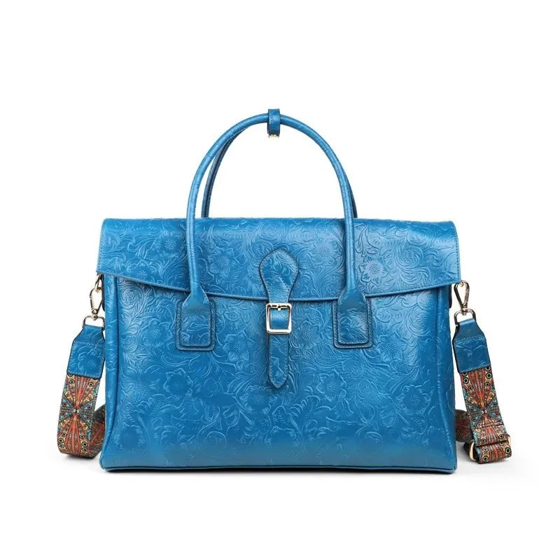 Vintage flower carved leather bag  single shoulder briefcase & business satchel