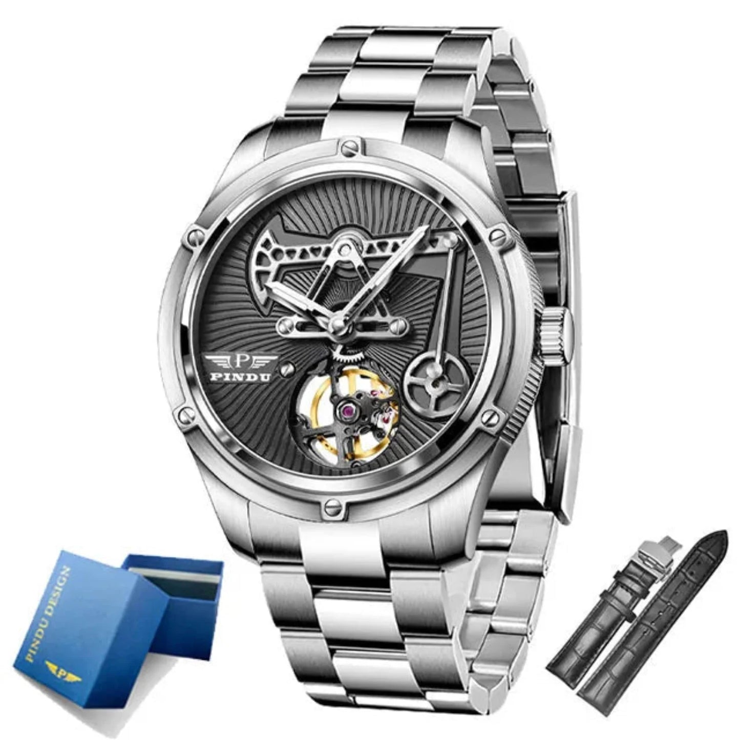 Men leather mechanical watch auto movement, sapphire glass