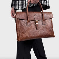 Vintage flower carved leather bag  single shoulder briefcase & business satchel