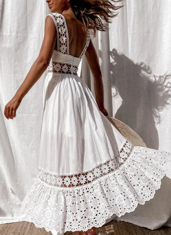 Boho style girl dress white cotton lace sleeveless long summer