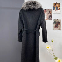 women's luxury wool coat  long patchwork design with detachable fox fur