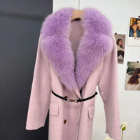 women's luxury wool coat  long patchwork design with detachable fox fur