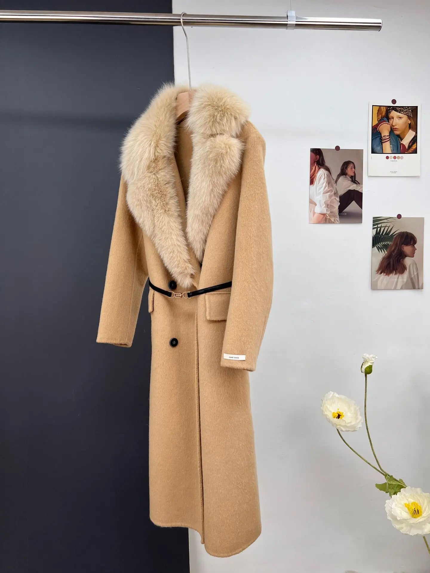 women's luxury wool coat  long patchwork design with detachable fox fur