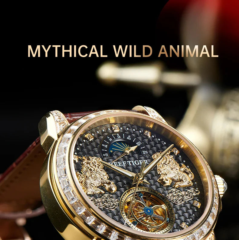 Reef tiger automatic watch rose gold pixiu dial diamond bezel leather strap