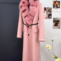 women's luxury wool coat  long patchwork design with detachable fox fur