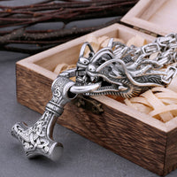 Vintage viking pendant  thor hammer amulet necklace steel dragon design