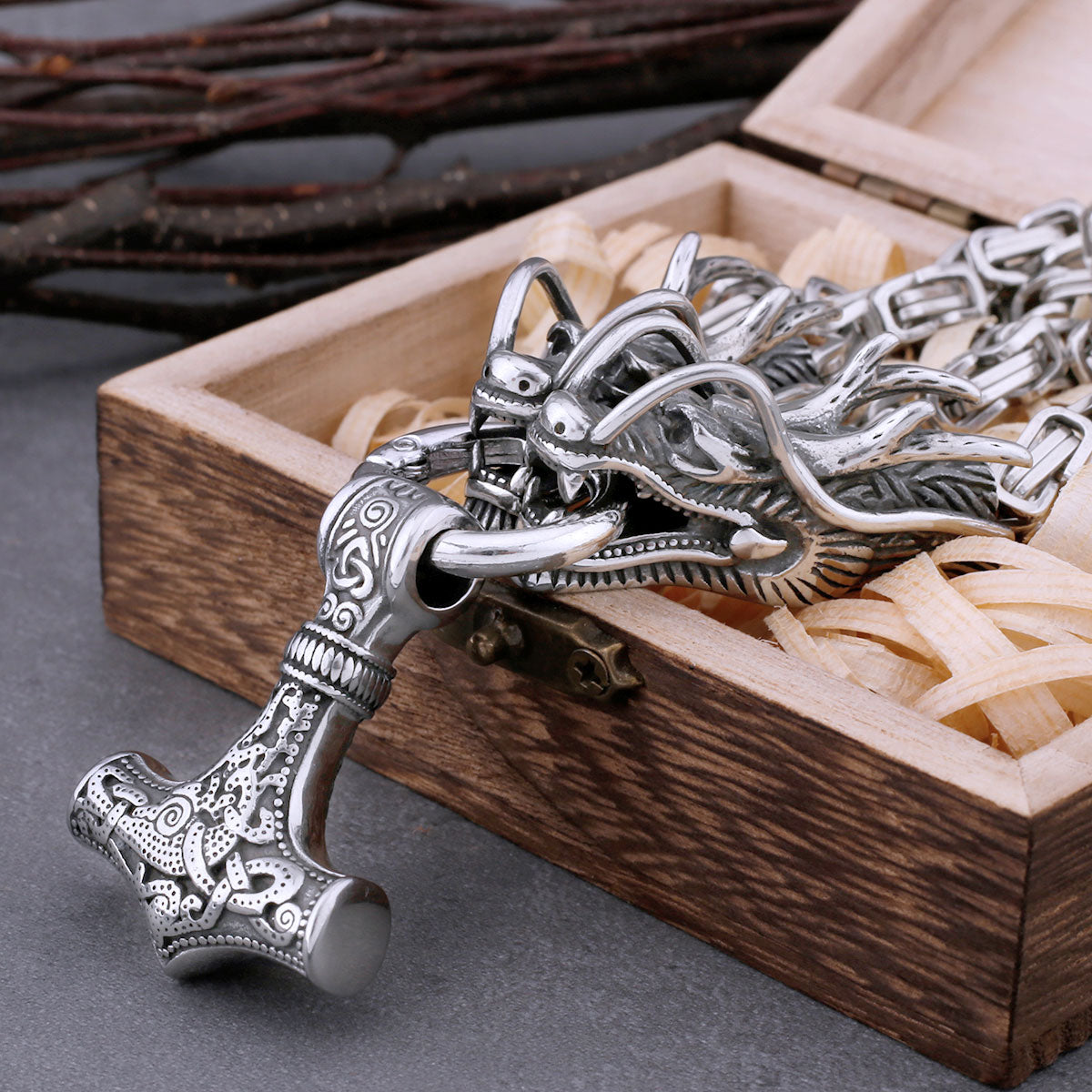 Vintage viking pendant  thor hammer amulet necklace steel dragon design