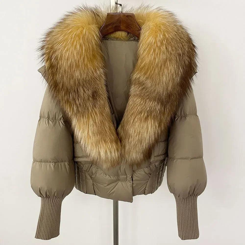Winter girls jacket with real raccoon fox fur loose fit coat