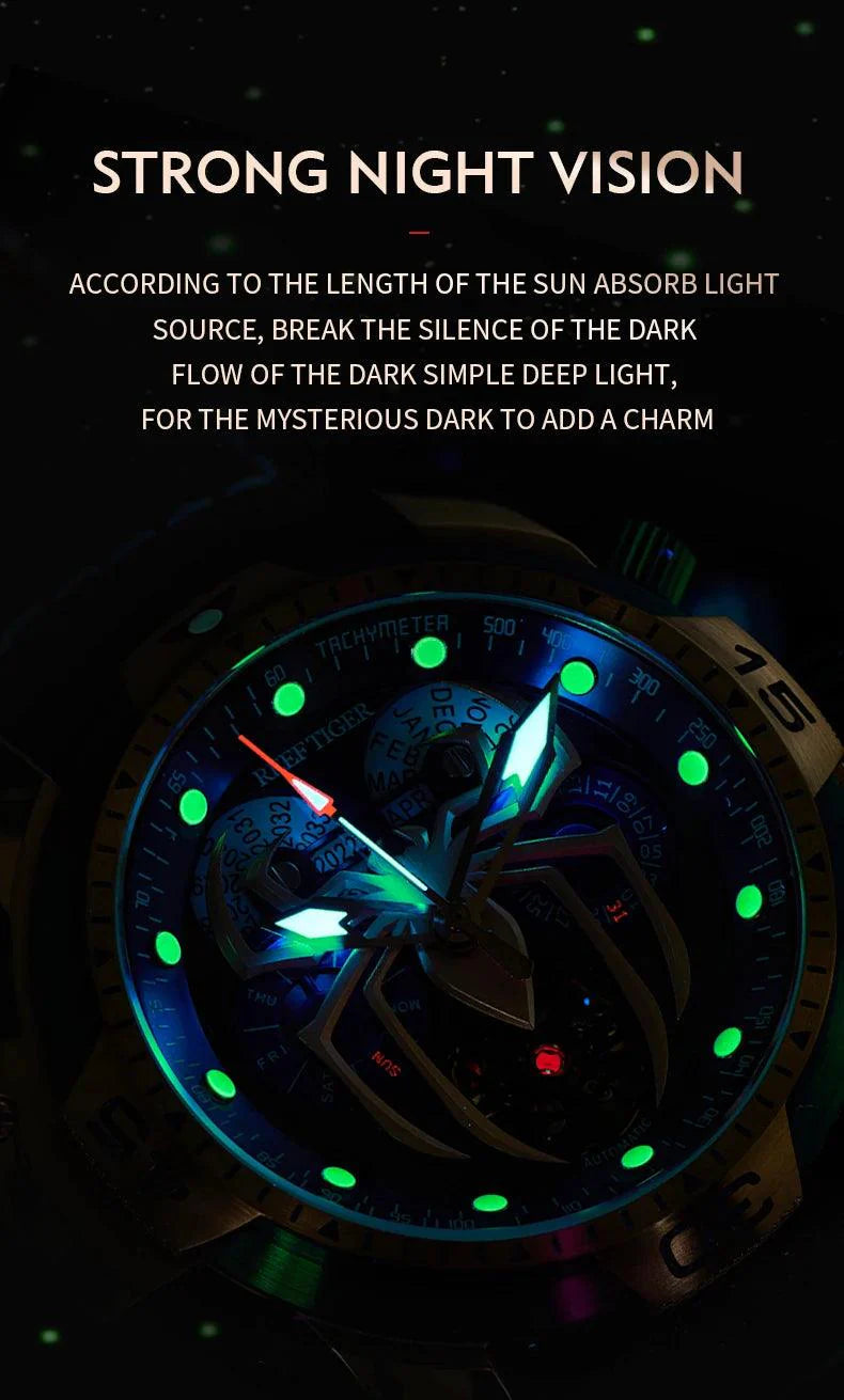 REEF TIGER Sport Automatikuhr – Skelett-Design mit Spider-Zifferblatt