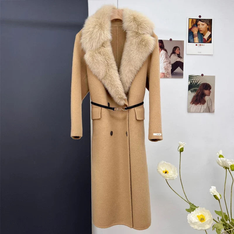 women's luxury wool coat  long patchwork design with detachable fox fur