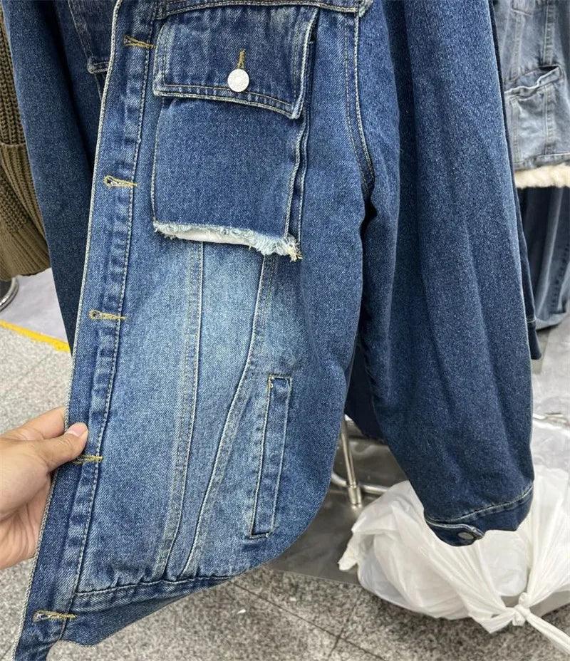 Real Fox fur thick warm denim parkas female winter coat