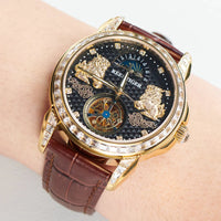 Reef tiger automatic watch rose gold pixiu dial diamond bezel leather strap