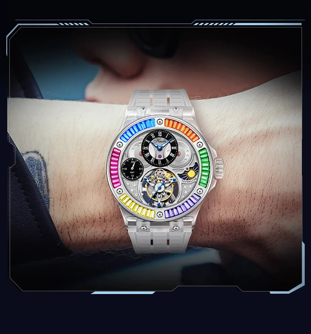 Haofa k9 watermelon crystal watch luxury skeleton tourbillon watch sapphire glass