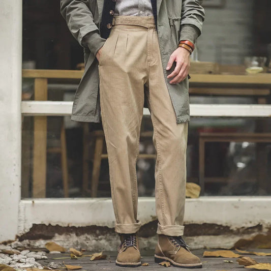maden adjustable high waist khaki cargo pants vintage style for men