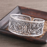 Handcrafted s999 sterling silver rose filigree bangle wide bracelet unique artisan design