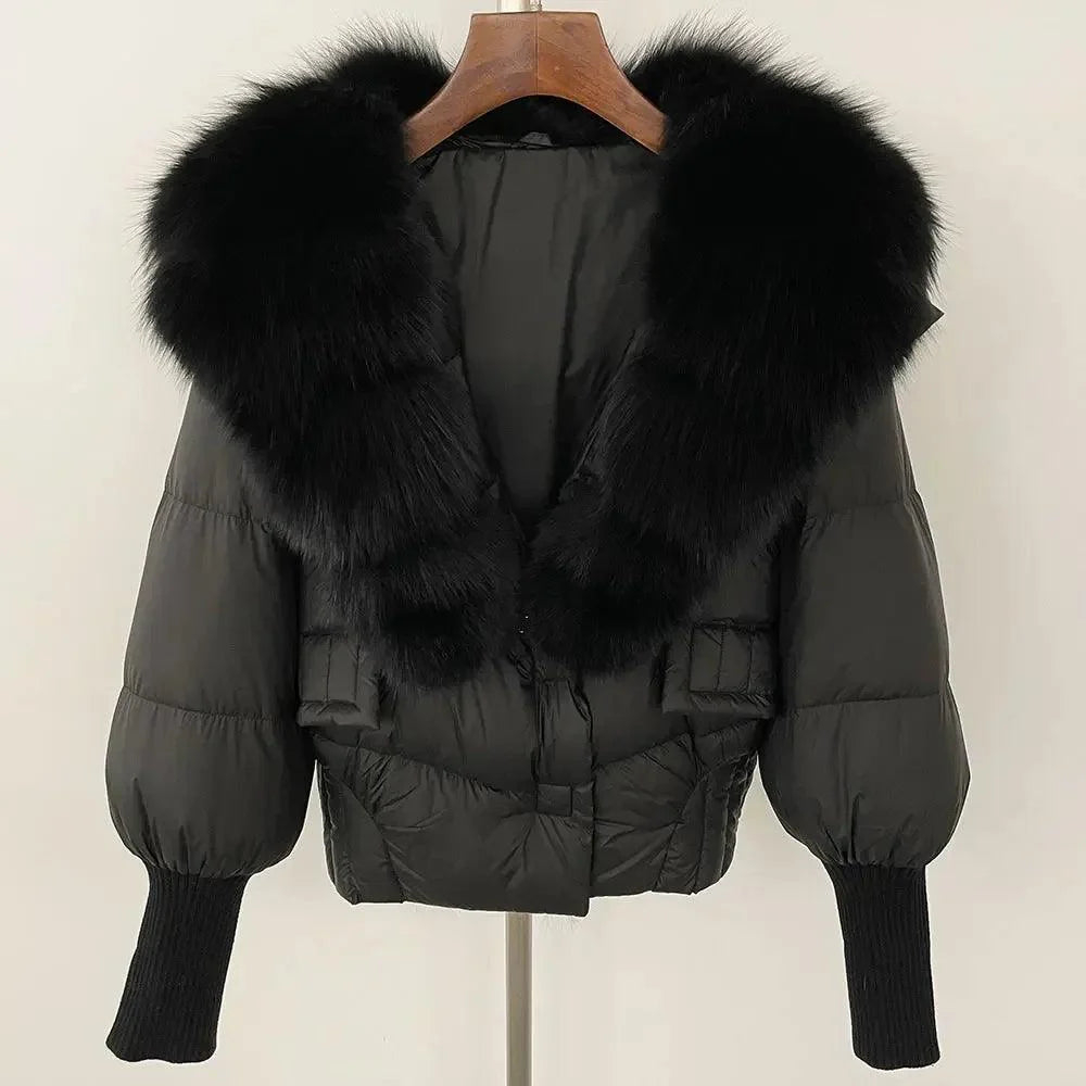 Winter girls jacket with real raccoon fox fur loose fit coat