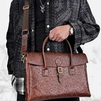 Vintage flower carved leather bag  single shoulder briefcase & business satchel