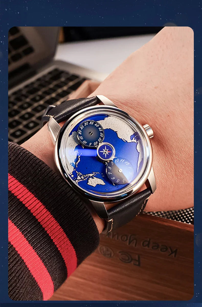 Earth automatic watch unique earth design stainless steel waterproof luminous dial