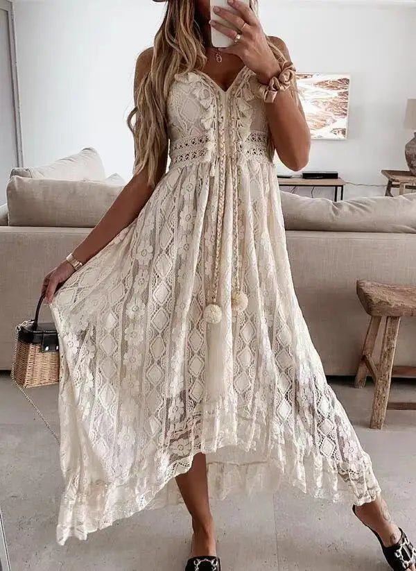 Boho style girl dress white cotton lace sleeveless long summer