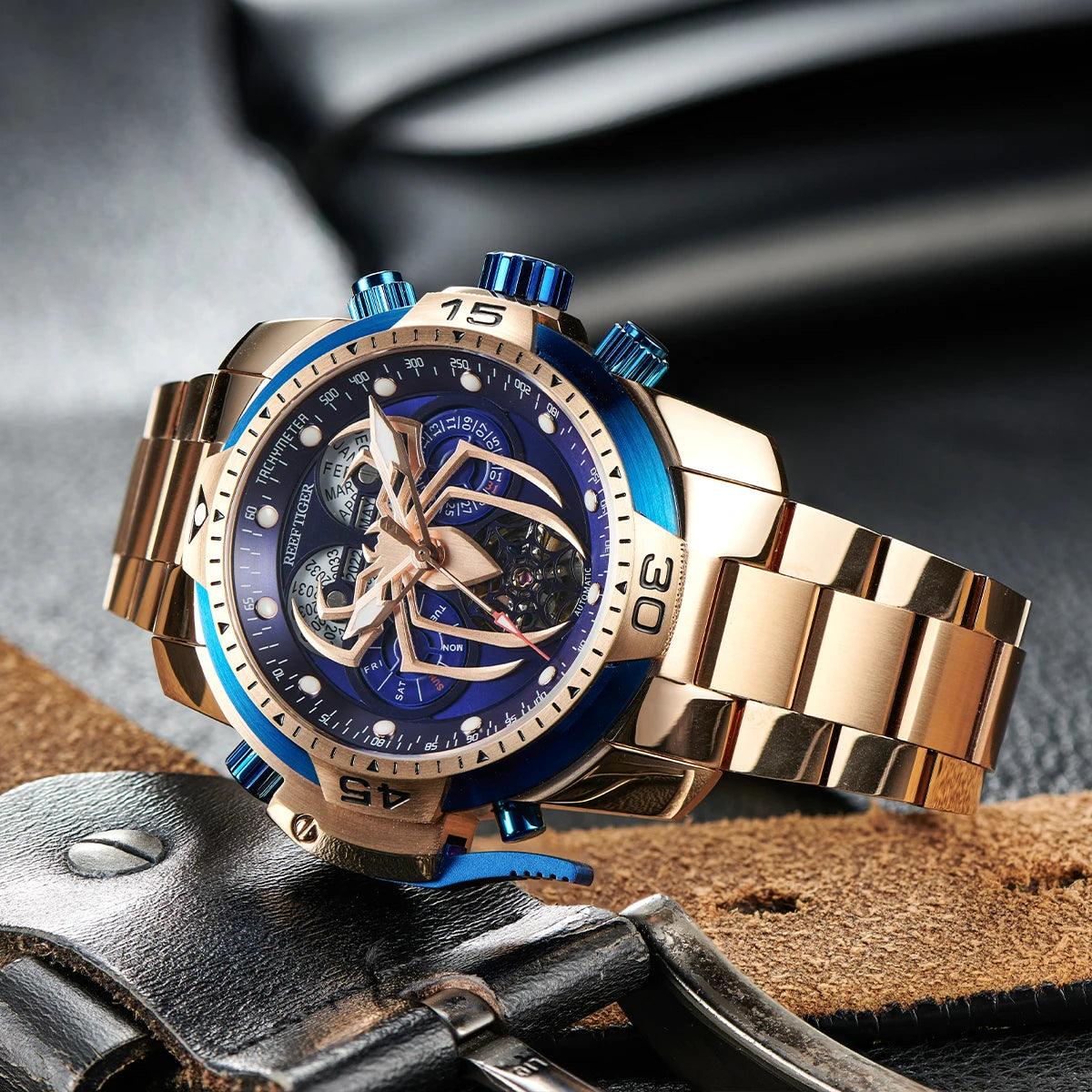 REEF TIGER Sport Automatikuhr – Skelett-Design mit Spider-Zifferblatt