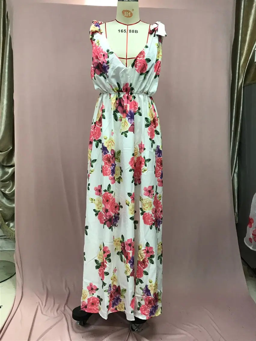 Rückenfreies Blumenkleid - Ärmelloses Maxikleid mit hoher Taille