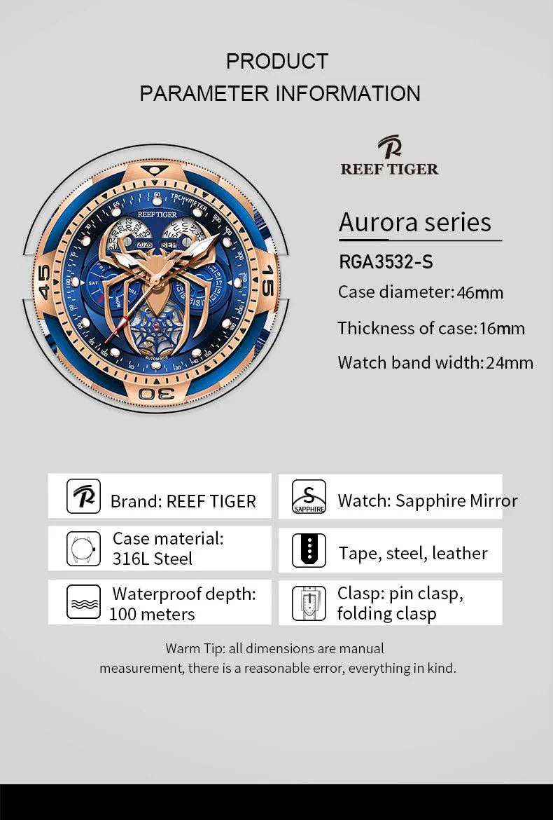 REEF TIGER Sport Automatikuhr – Skelett-Design mit Spider-Zifferblatt