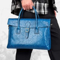 Vintage flower carved leather bag  single shoulder briefcase & business satchel