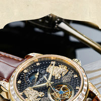 Reef tiger automatic watch rose gold pixiu dial diamond bezel leather strap