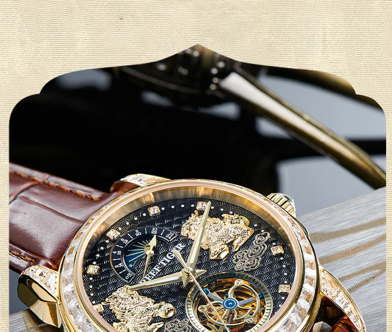 Reef tiger automatic watch rose gold pixiu dial diamond bezel leather strap