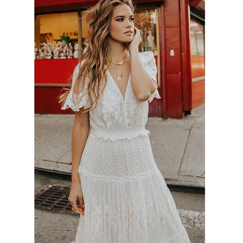 Boho style girl dress white cotton lace sleeveless long summer