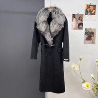 women's luxury wool coat  long patchwork design with detachable fox fur