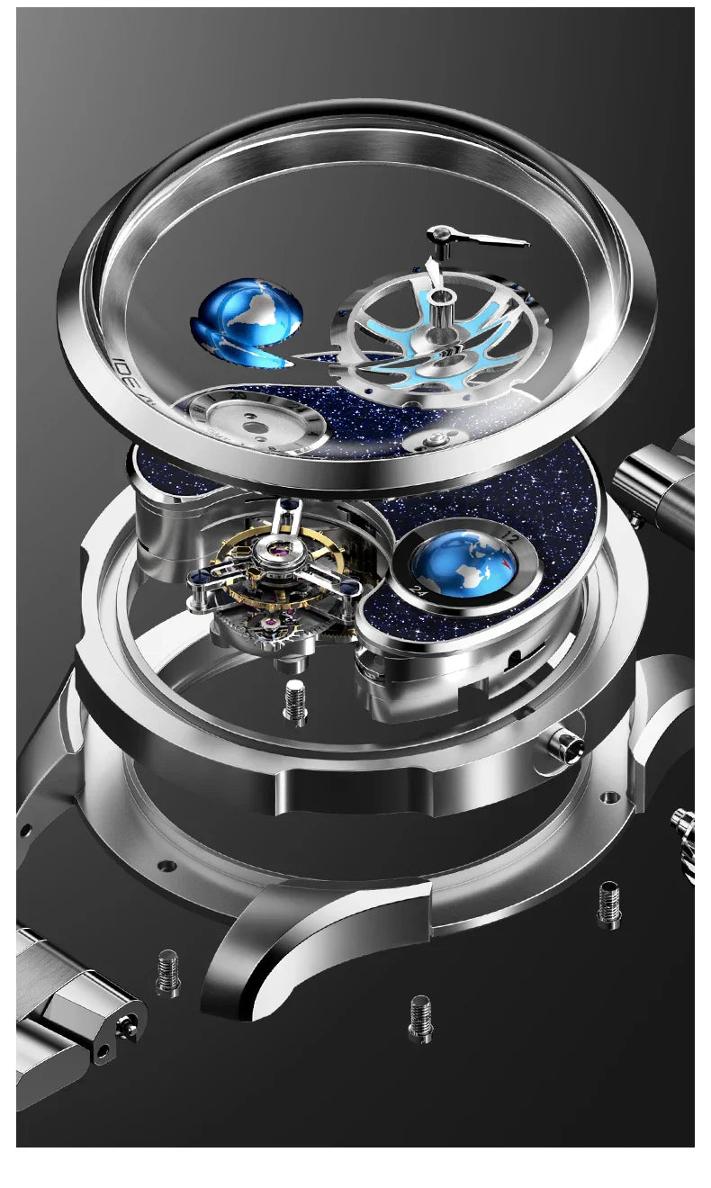 IDEAL KNIGHT blue earth tourbillon watch luxury skeleton automatic timepiece