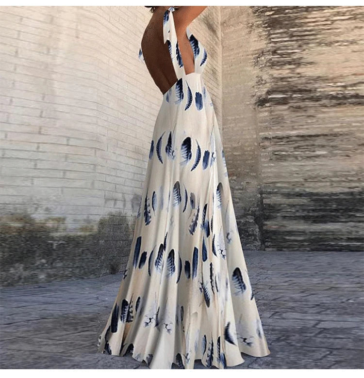 Rückenfreies Blumenkleid - Ärmelloses Maxikleid mit hoher Taille