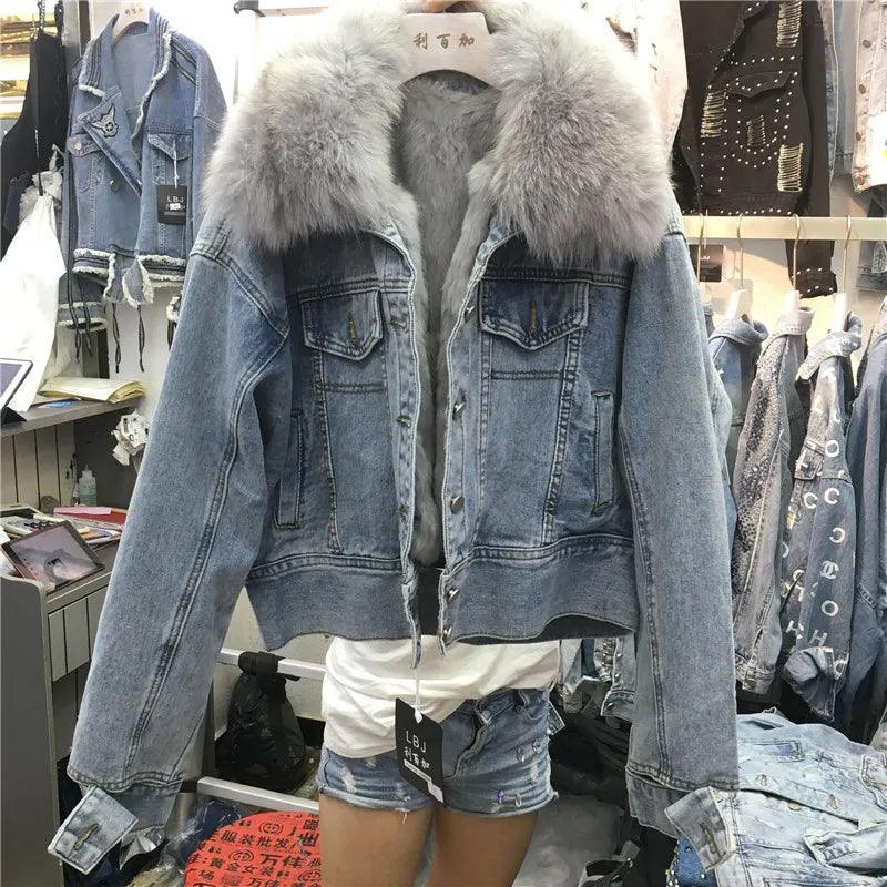 Real Fox fur thick warm denim parkas female winter coat