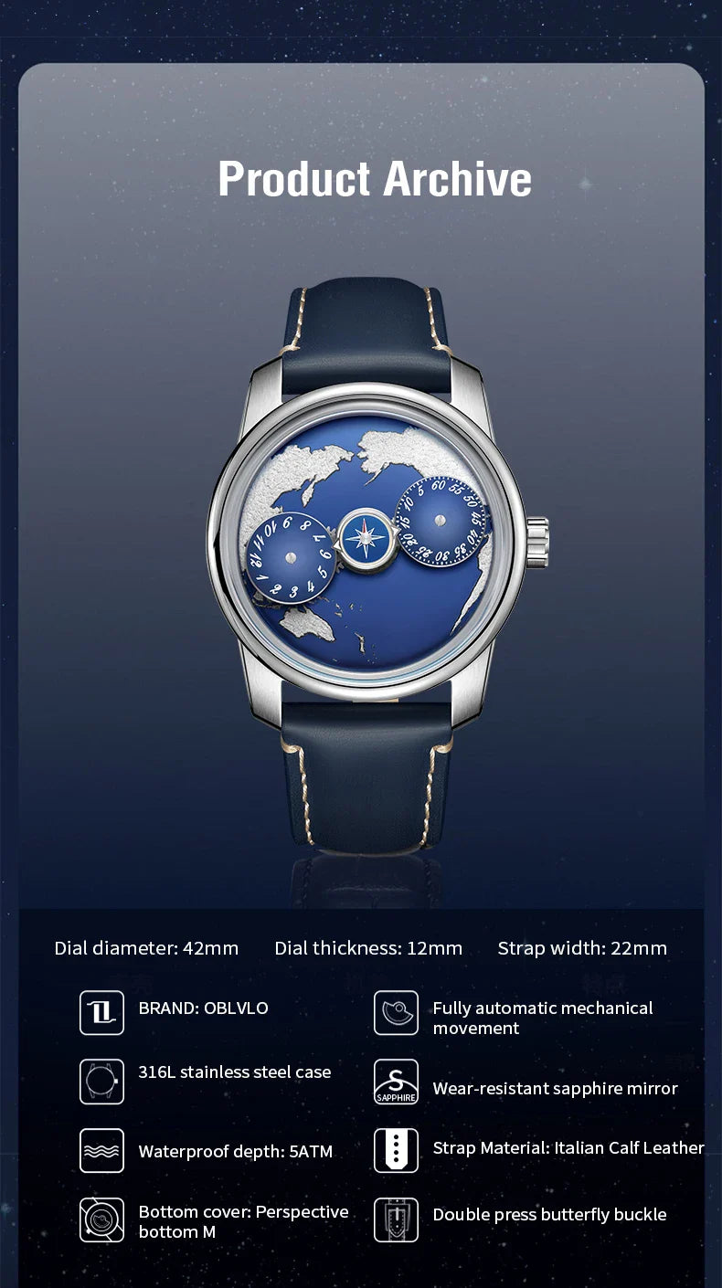 Earth automatic watch unique earth design stainless steel waterproof luminous dial
