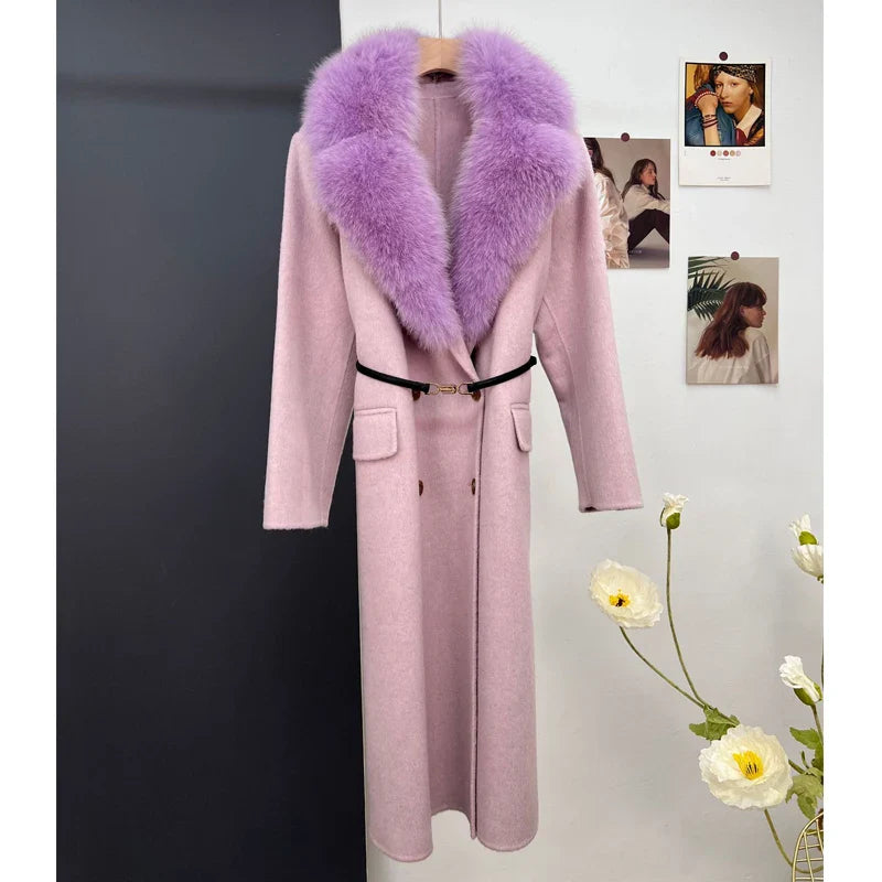women's luxury wool coat  long patchwork design with detachable fox fur