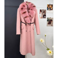 women's luxury wool coat  long patchwork design with detachable fox fur
