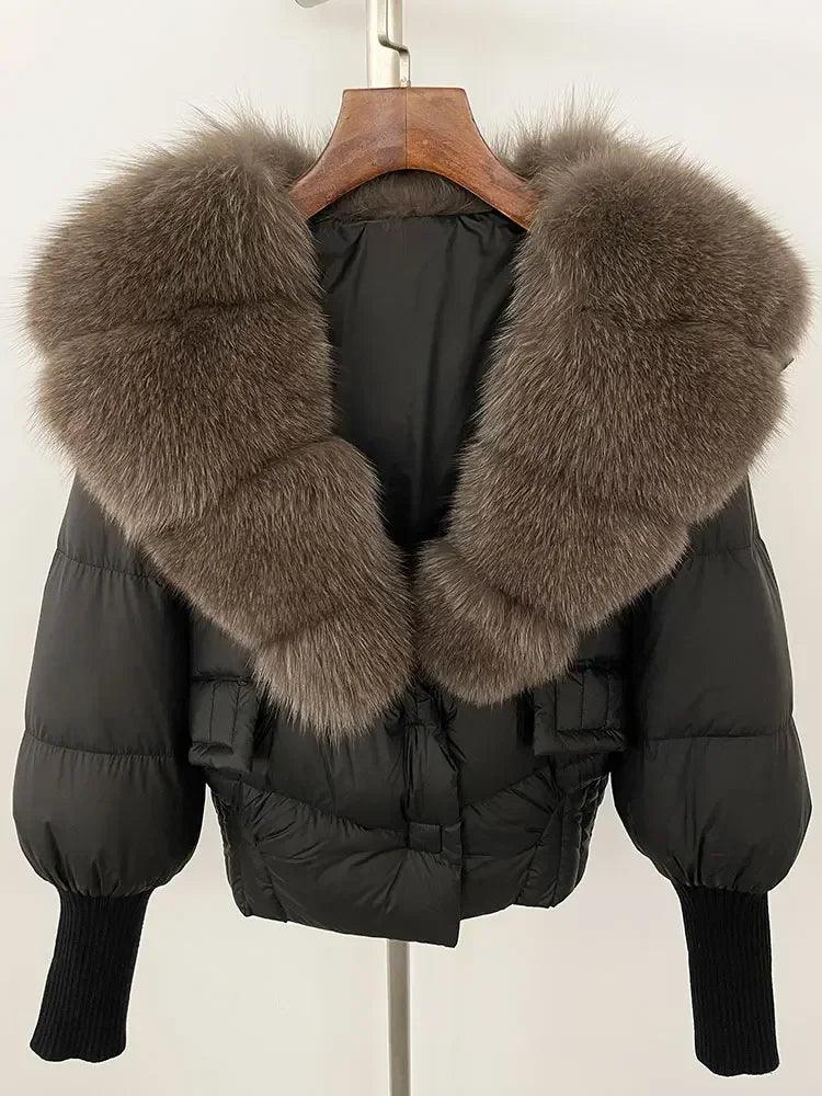 Winter girls jacket with real raccoon fox fur loose fit coat