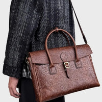 Vintage flower carved leather bag  single shoulder briefcase & business satchel