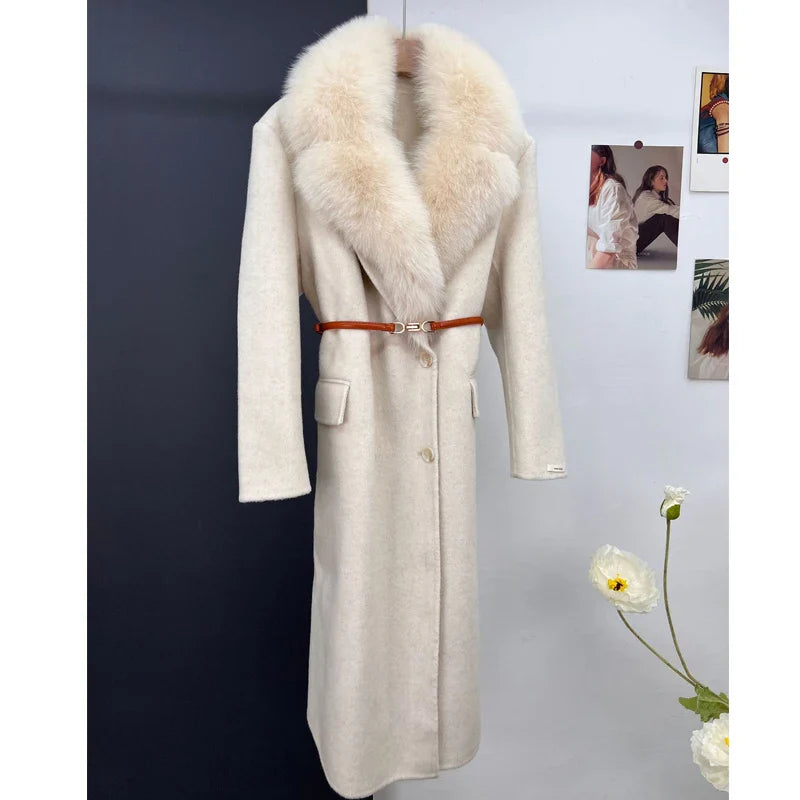 women's luxury wool coat  long patchwork design with detachable fox fur
