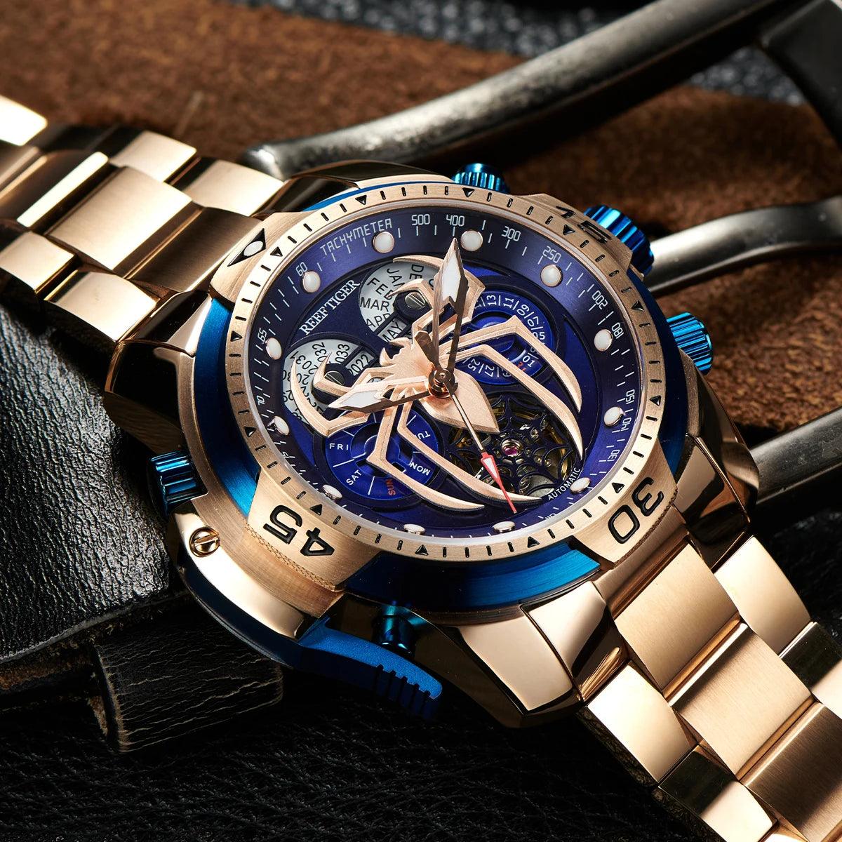 REEF TIGER Sport Automatikuhr – Skelett-Design mit Spider-Zifferblatt