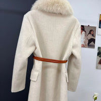 women's luxury wool coat  long patchwork design with detachable fox fur