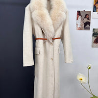 women's luxury wool coat  long patchwork design with detachable fox fur