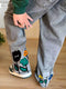 Flower baggy jeans streetwear casual denim wide-leg straight trousers