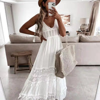 Boho style girl dress white cotton lace sleeveless long summer